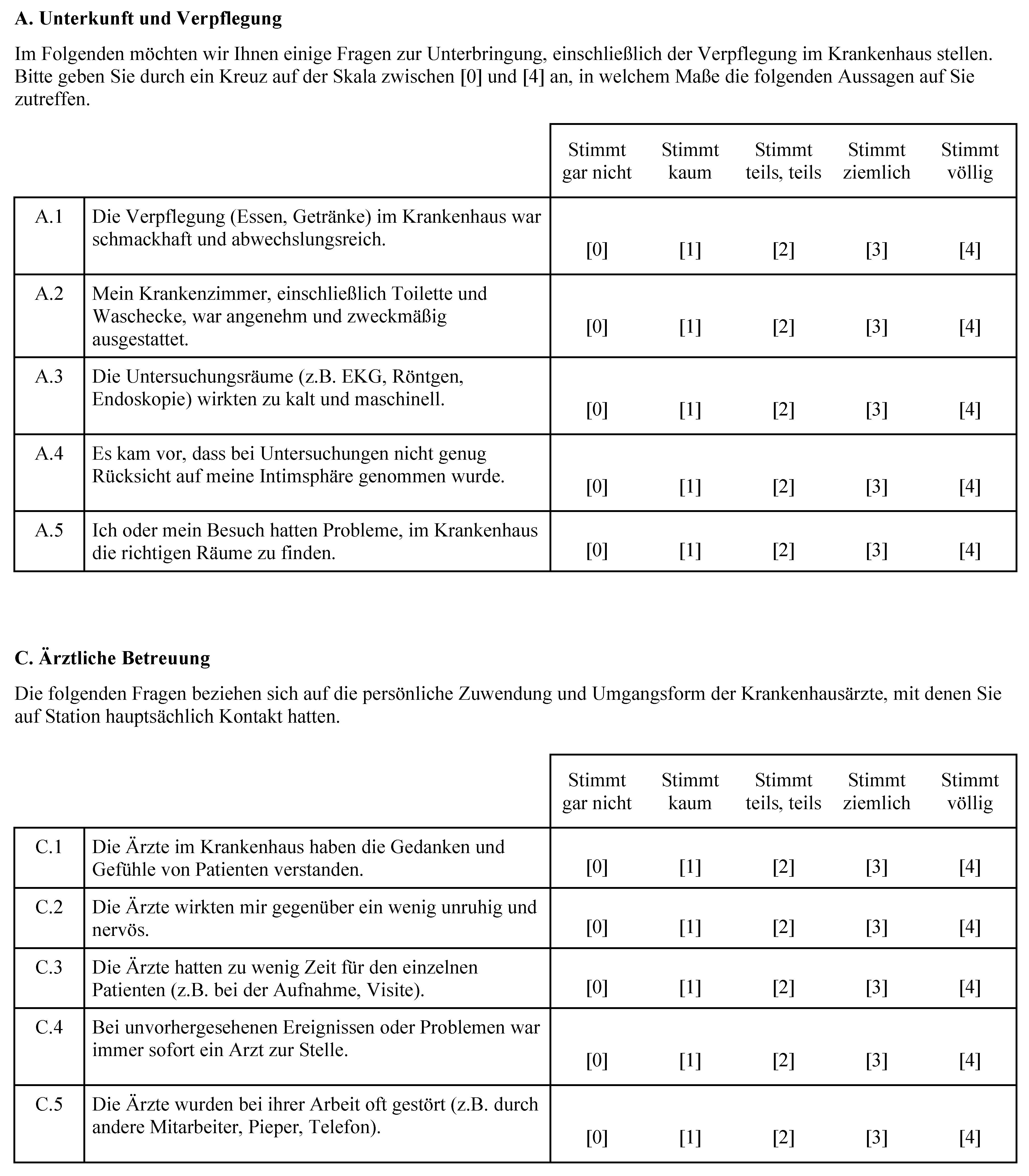 Abbildung 1: Ausschnitt aus dem Fragebogen zur Messung der Patientenzufriedenheit mit einer kurzstationären Behandlung